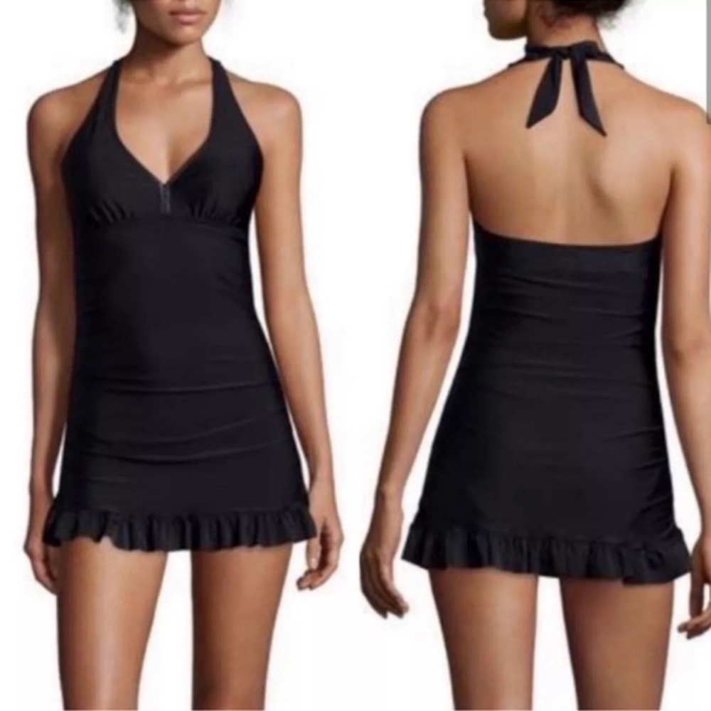 SPANX Black Halter Ruffle Hem One-Piece Swimdress
